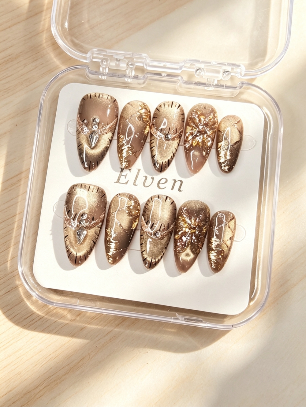 Taupe Metallic Marble Cat Eye Almond Press-On Nails with Gold Foil Accents